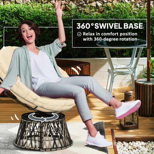 360 Swivel Outdoor Papasan Chair, 39 Overstuffed Circle Chair With Side Tray, Thick Cushion For Indoor Patio, Beige
