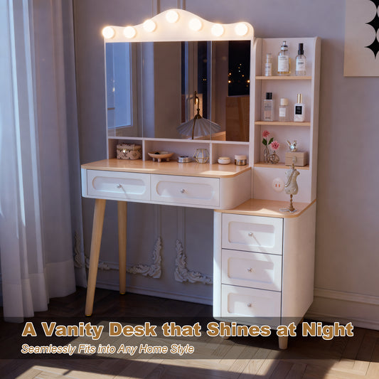 Vanity Desk With Mirror And Lights,Makeup Vanity With 2 USB Power Strip,Vanity Set With Two Drawers And Three-drawer Chest, 3 Lighting Modes Adjustable Brightness, Foldable Three-sided Mirror White