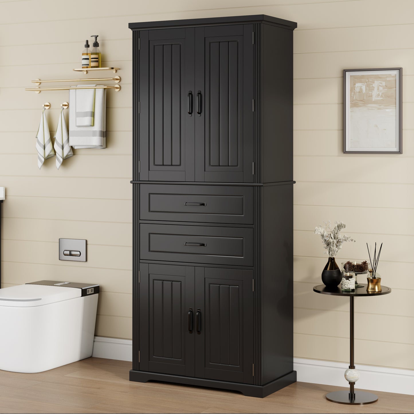 Video Storage Cabinet With Multi-Functional Storage Space, Doors With Storage Shelves, 2 Drawers, Adjustable Shelf, Black Same Sku N759P293426B
