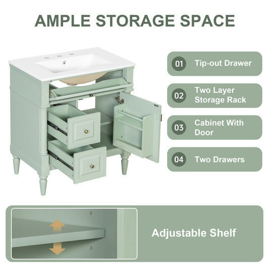 30 Bathroom Vanity With Sink, Green Freestanding Bathroom Cabinet With Flip Drawer & Adjustable Shelf, Solid Rubberwood Frame, MDF Panels & Metal Handles