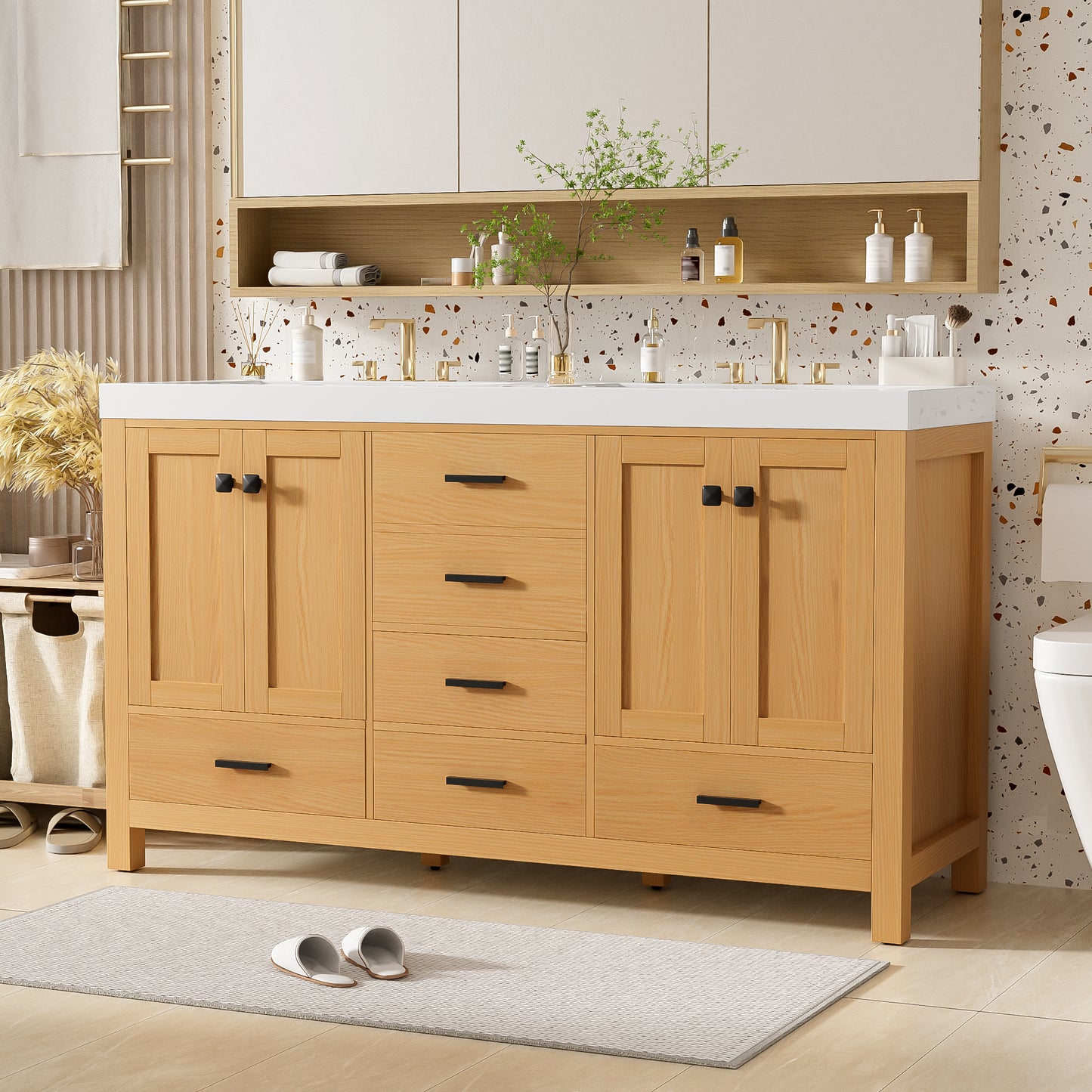 59.3 Bathroom Vanity With Solid Wood Frame & MDF Cabinet, Double SMC Resin Sink, Soft-Close Doors And Drawers, 4 Doors, 5 Drawers, Adjustable Shelves, Black Handles