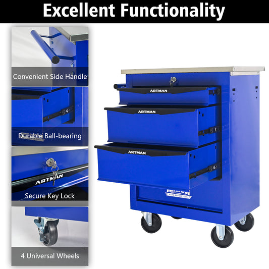 4 Drawers Multifunctional Tool Cart With Wheels,Metal Rolling Tool Cart Storage For Garage Workshop Warehouse Repair Shop--With Stainless Steel Roof- BLACK&BLUE