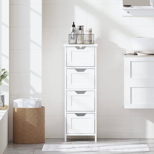 Bathroom Floor Cabinet With 4 Drawers, Freestanding Wooden Storage Organizer For Bathroom, Hallway Or Living Room, Narrow White Side Cabinet With Space-Saving Vertical Design, White