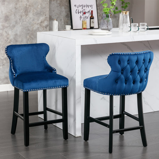A&A Furniture,Contemporary Velvet Upholstered Wing-Back Barstools With Button Tufted Decoration And Wooden Legs, And Chrome Nailhead Trim, Leisure Style Bar Chairs,Bar Stools,Set Of 2 Blue ,SW1824BL
