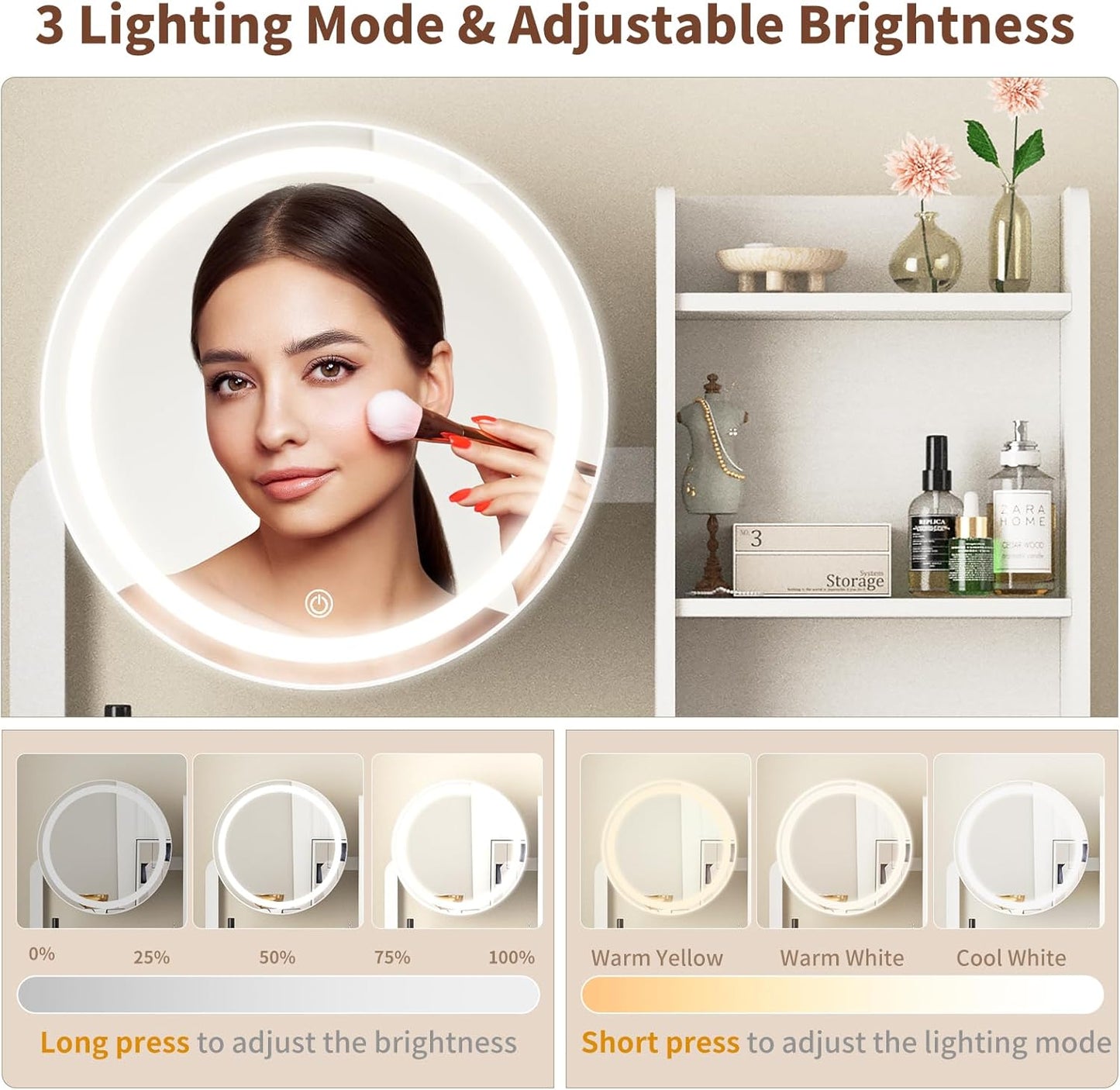 Small Vanity Desk With Mirror And Lights, Makeup Vanity Table With LED Mirror, 3 Lighting Modes, Power Outlet, Drawer, Open Shelves And Cushioned Stool For Bedroom White