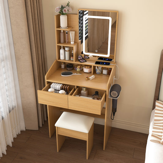 Vanity Table With LED-Illuminated Mirror, Power Outlet, Hairdryer Holder & Stool -Compact Dressing Desk For Small Bedrooms Wood