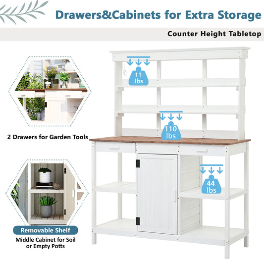 TOPMAx 66 Large Outdoor Farmhouse Wooden Potting Bench Table Garden Workstation With 2 Drawers Cabinet And Open Shelves For Backyard Mudroom White