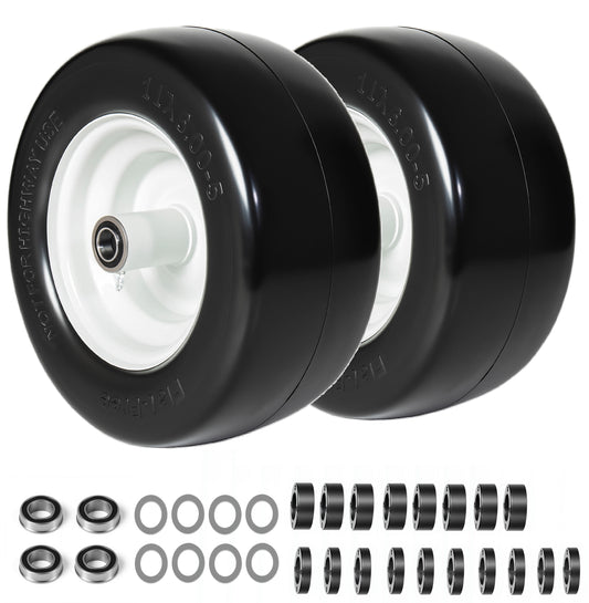 Set Of 2 11x6.00-5 Smooth Tire And Wheel, 11x6-5 Solid Rubbe Riding Lawn Mower Tire With Rim, 3 4 Bearing, 5.8 Centered Hub, Smooth Tread Solid Tire For Zero Turn Mowers