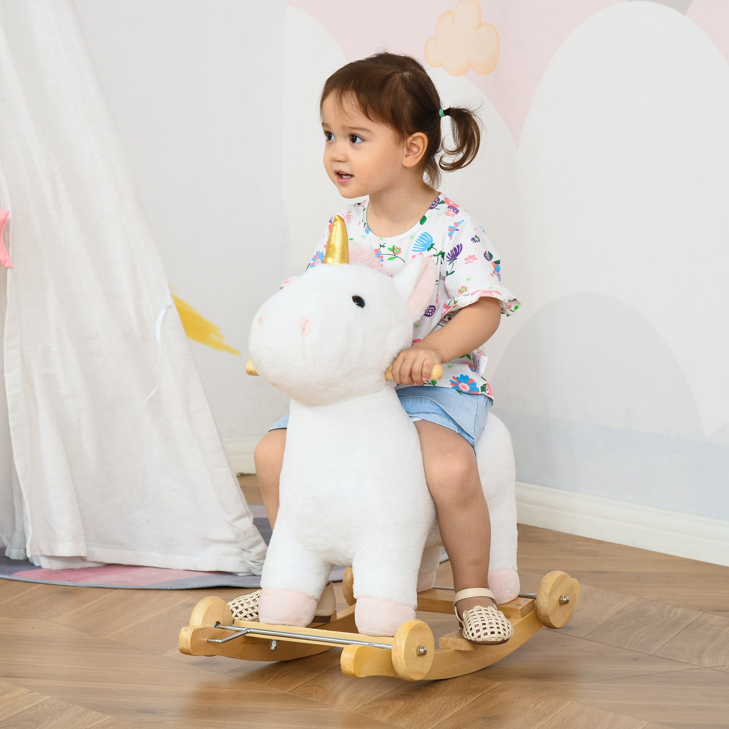 2 In 1 Kids Rocking Horse, Rolling Unicorn With Sound, Wooden Base, Pedal, Grip Handle, For 3-6 Years Old, White