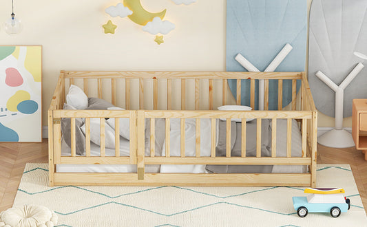 Twin Size Floor Bed With Slats, Montessori Floor Bed With Fence And Door, Kids Montessori Bed Twin Size, Wood Montessori Floor Bed For Kids, Girls, Boys,Oak.