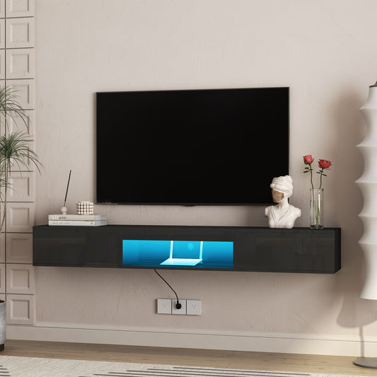 Floating TV Stand Wall Mounted With 16 Color LEDs,69 Modern TV Stand, Floating TV Cabinet Entertainment Center For 55 60 65 Inch TV,Black