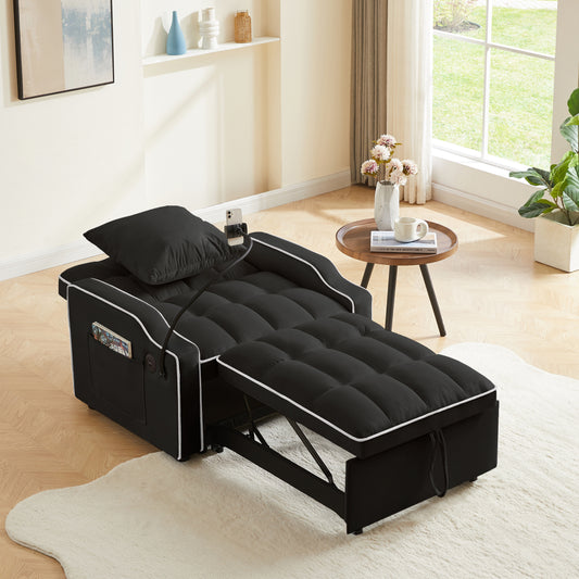 Sleeper Sofa Chair Bed, 3 In 1 Convertible Sofa Chair With With Adjustable Backrest & Phone Holder & USB, Type-C, Adjustable Recliner, Armchair For Living Room Bedroom Apartment Small Space, Black