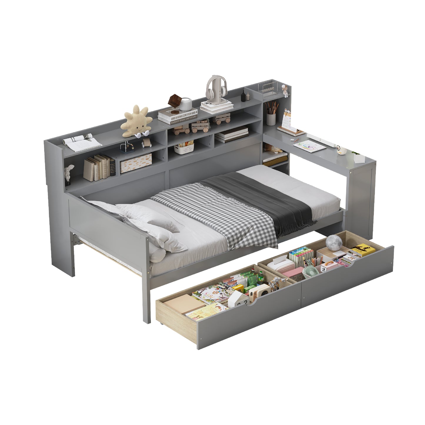 Wooden Twin Size Daybed With Storage Shelves, Multi-functional Bed With Two Storage Drawers And Study Desk, Gray