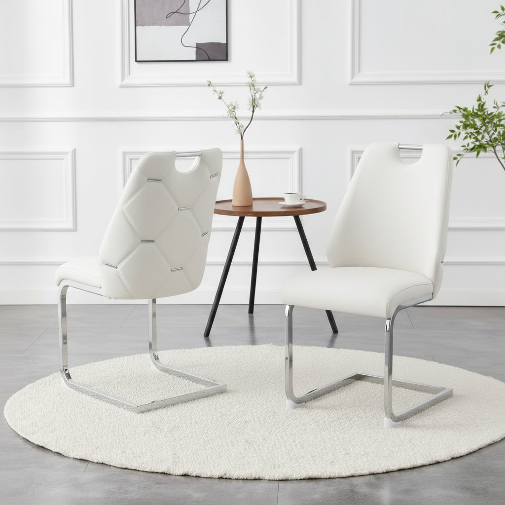 Dining Chairs Set Of 2, White Faux Leather Kitchen Chairs With Gold Mesh Texture, Silver Back Ring And Chrome Pull Handle, High Back Upholstered Dining Room Chair White, Set Of 2