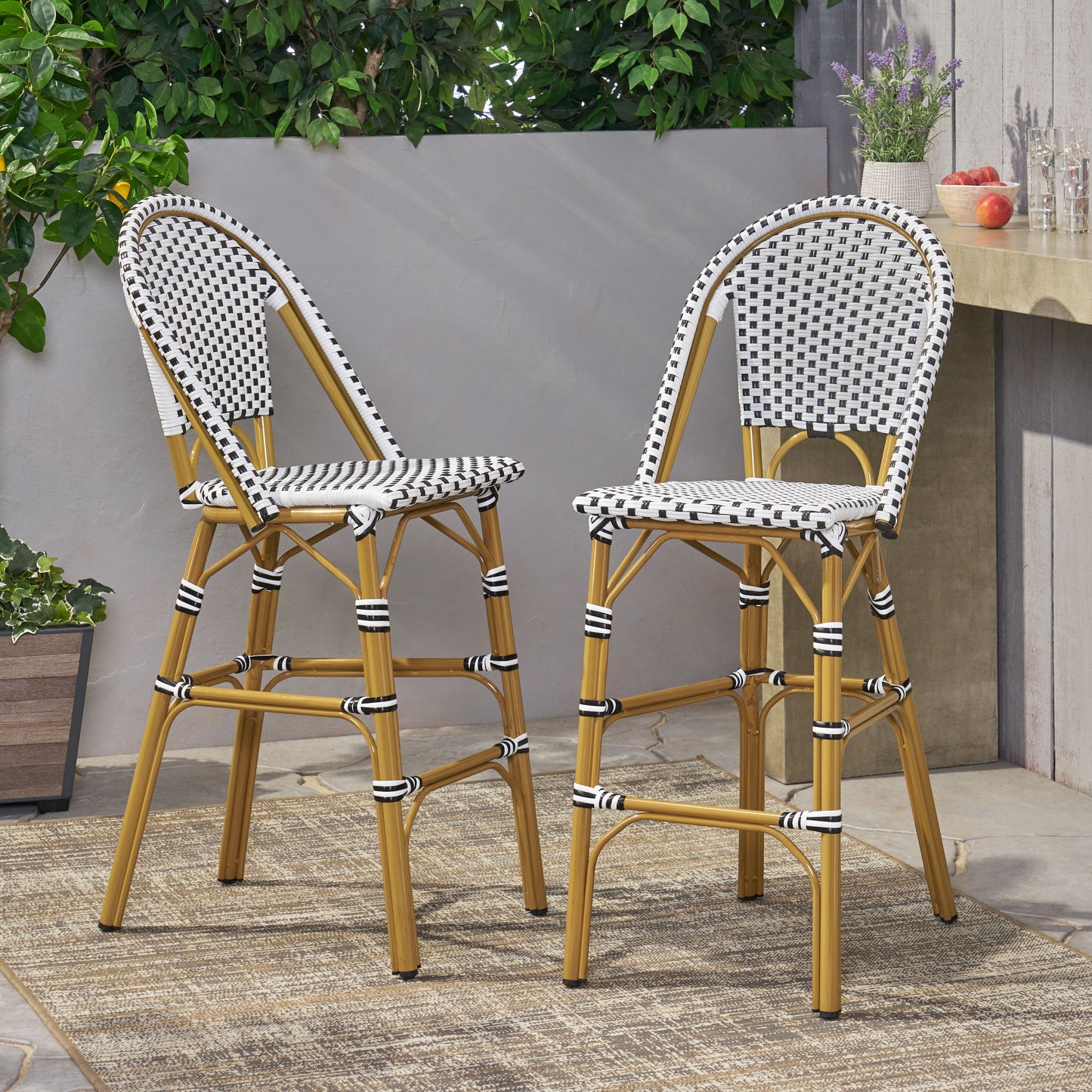 29.5 Outdoor PE Rattan French Barstool, White And Black, Aluminum Frame With Bamboo Finish Set Of 2
