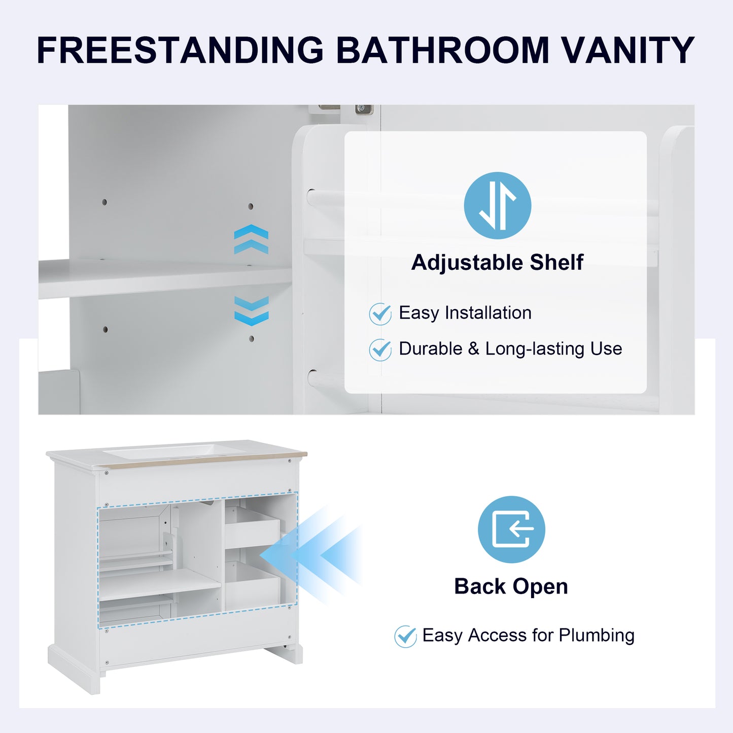 36-Inch Bathroom Vanity With Ceramic Sink Top, 4 Drawers And 1 Soft-Close Door, Freestanding Storage Cabinet With Metal Handles, Pre-Drilled For 8-Inch Faucet, White Finish