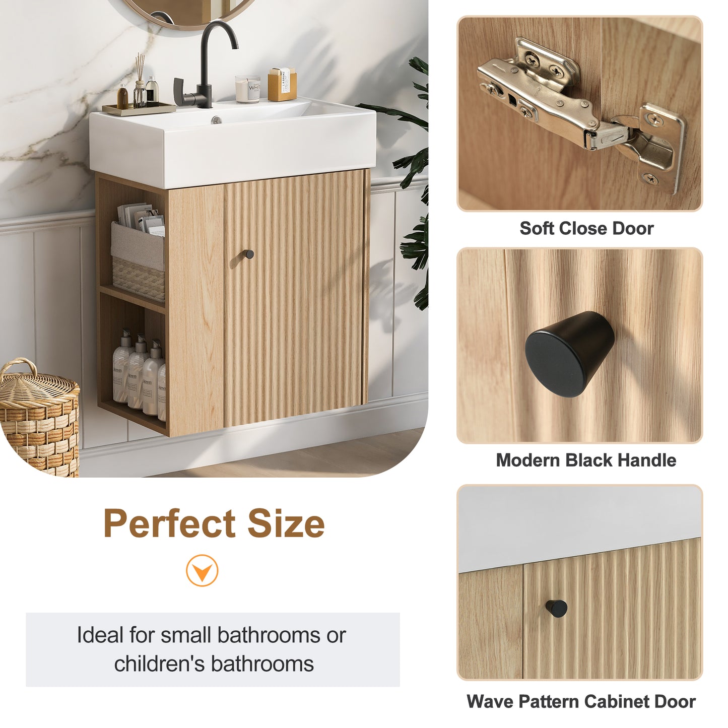 21.6 Inch Modern Floating Bathroom Vanity With Ceramic Basin - Perfect For Small Bathrooms, Left Side Storage