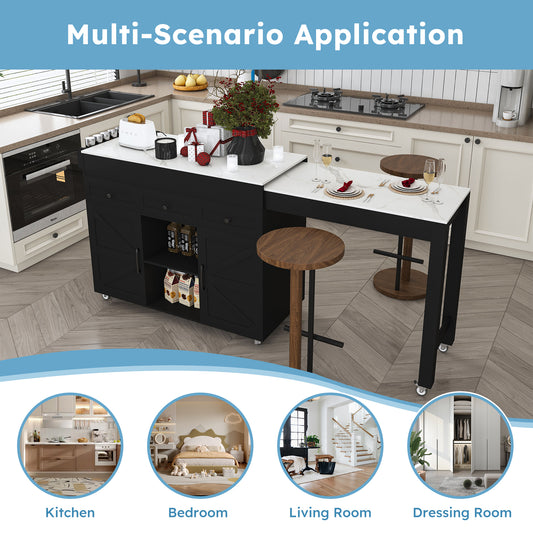 74.8 Kitchen Island With Extendable Dining Table Marble Veneer Top & Built-in Power Outlet - Mobile Storage Cart With 3 Drawers & Cabinet Rolling Kitchen Cart For Dining Room Black