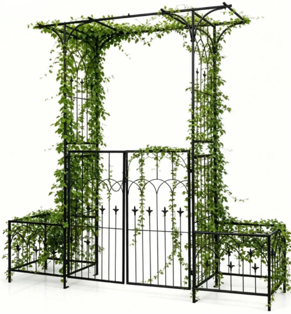 Metal Garden Arbor With Double Lockable Gate, Flat Top Garden Arch With Side Planter Boxes, Powder-Coated Climbing Plant Support