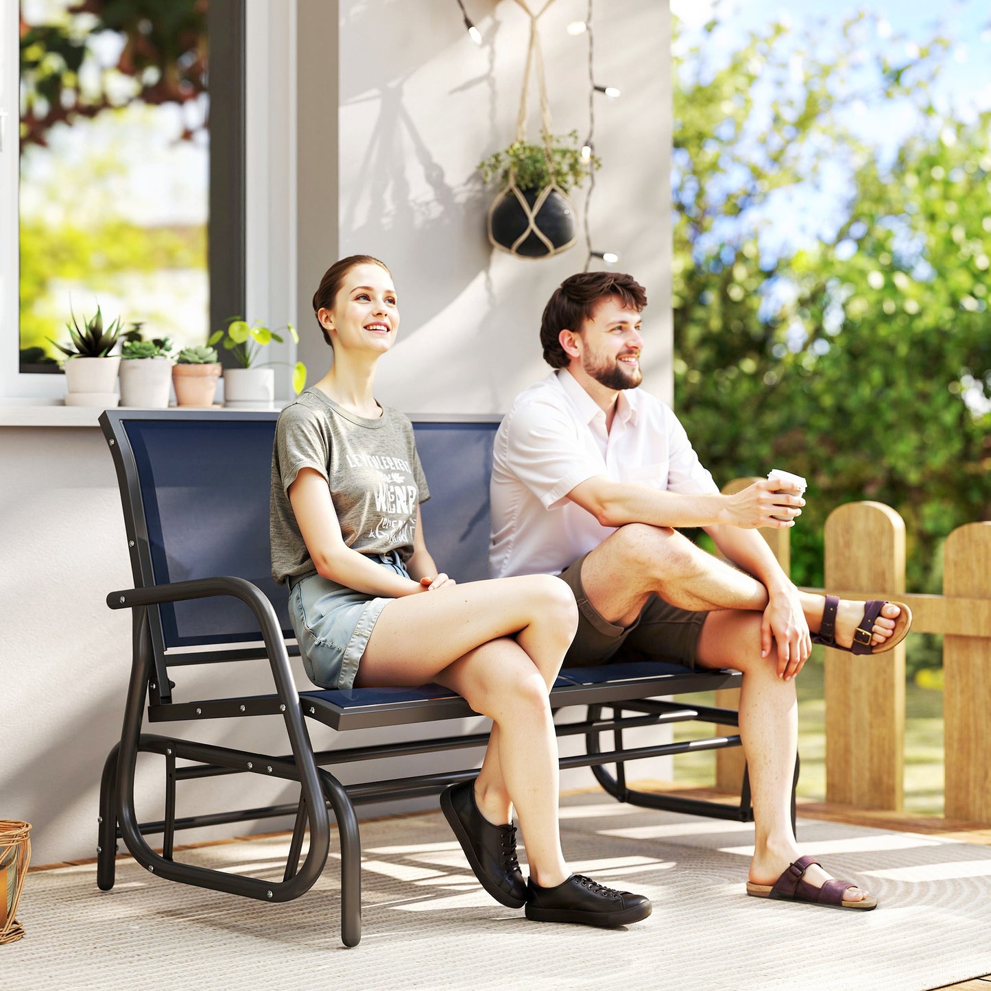 2-Person Outdoor Glider Bench, Patio Double Swing Rocking Chair Loveseat With Steel Frame, Dark Blue