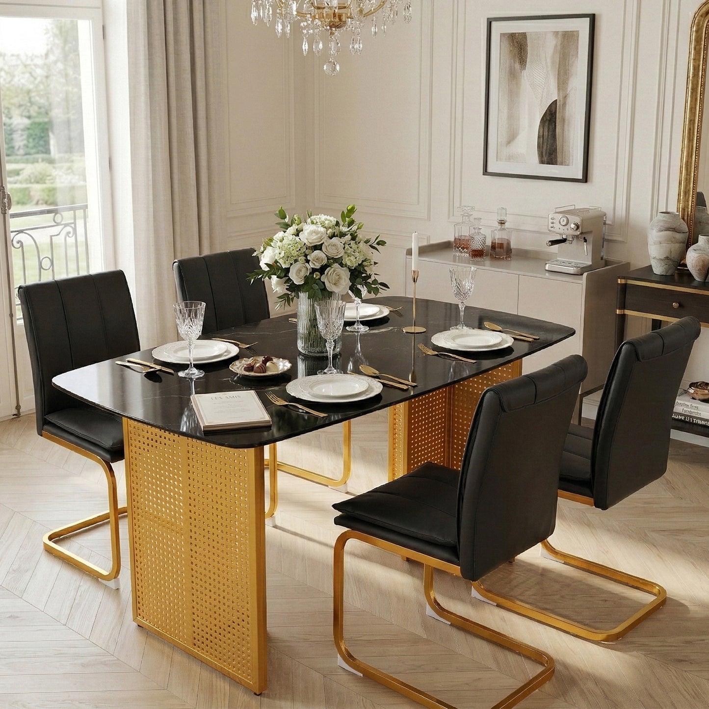 Modern-Style Rectangular Tempered Glass Dining Table For 6, Featuring A Marble-Patterned Design With Golden Hollow-Out Metal Legs, An Ideal Dining Table For Living Rooms And Home Offices.