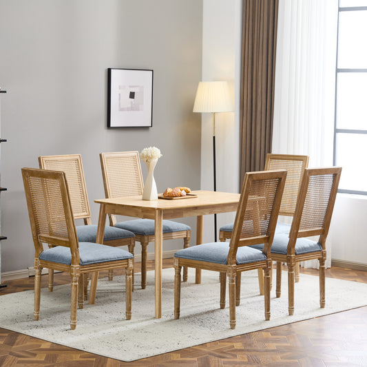 Set Of 6 French Country Dining Chairs - Elegant Cane Backrest & Upholstered Seats With Fluted Legs - Rustic Weathered Finish - Solid Rubberwood Frame - Vintage Inspired Kitchen & Dining Room Chairs