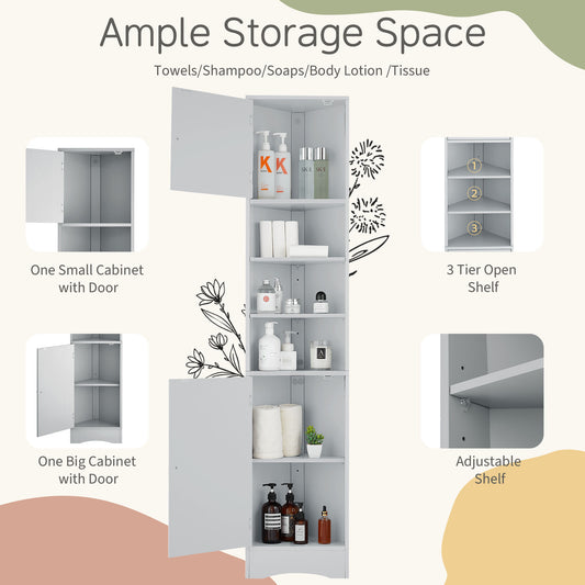 Multi-Functional Corner Cabinet Tall Bathroom Storage Cabinet With Two Doors And Adjustable Shelves, Open Shelf, Grey