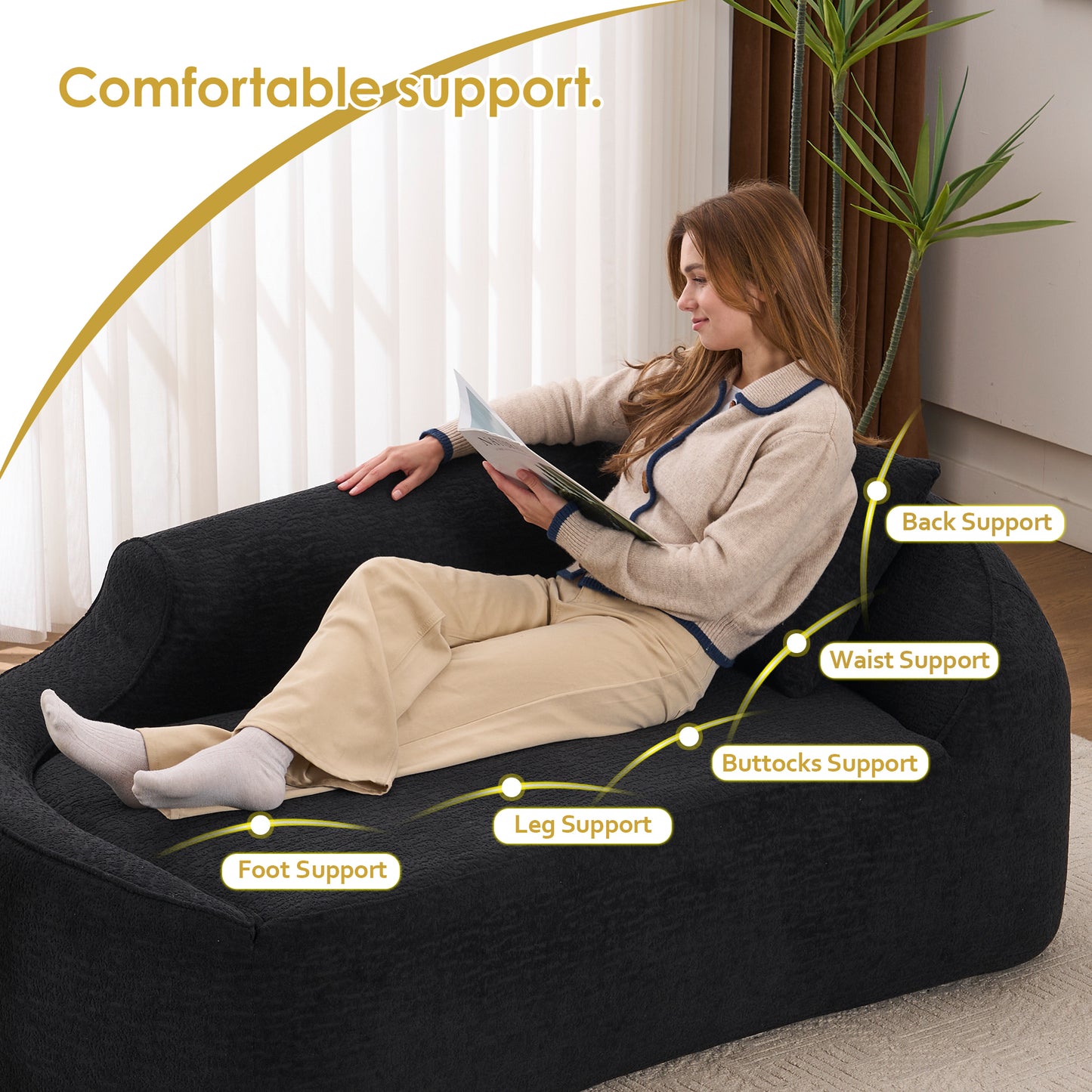 LY-048 Compression Curved Chaise Longue Chair Indoor Modern Chenille Loveseat Couch With Deep Seat Sofa Bed With 1 Pillow Sleeper Sofa Couch For Living Room Bedroom Apartment Black