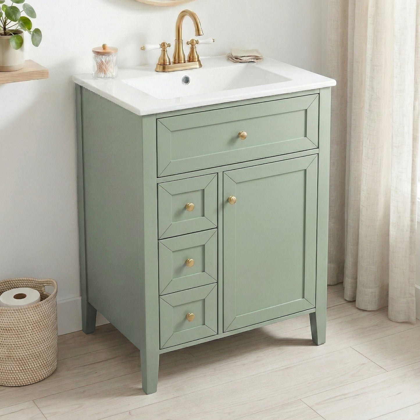 Video 24 Bathroom Vanity With Sink,Ceramic Sink,Bathroom Cabinet With 1 Tip-out Drawers And 2 Pull-out Storage Drawers, Soft-Closing Door With Storage Rack, Solid Wood Legs, One Package,Light Green