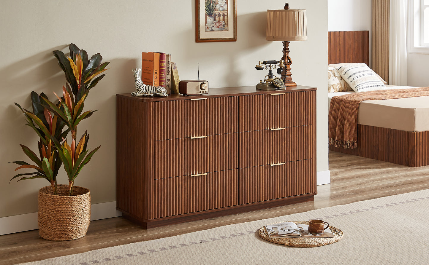 6 Drawers Dresser,55 Wide Modern Chest Of Drawers Curved Wave Design, Dresser TV Stand, Wood Drawer Organizer For Bedroom, Living Room, Hallway, Walnut,55.12''W X 15.75''D X 31.5''H.