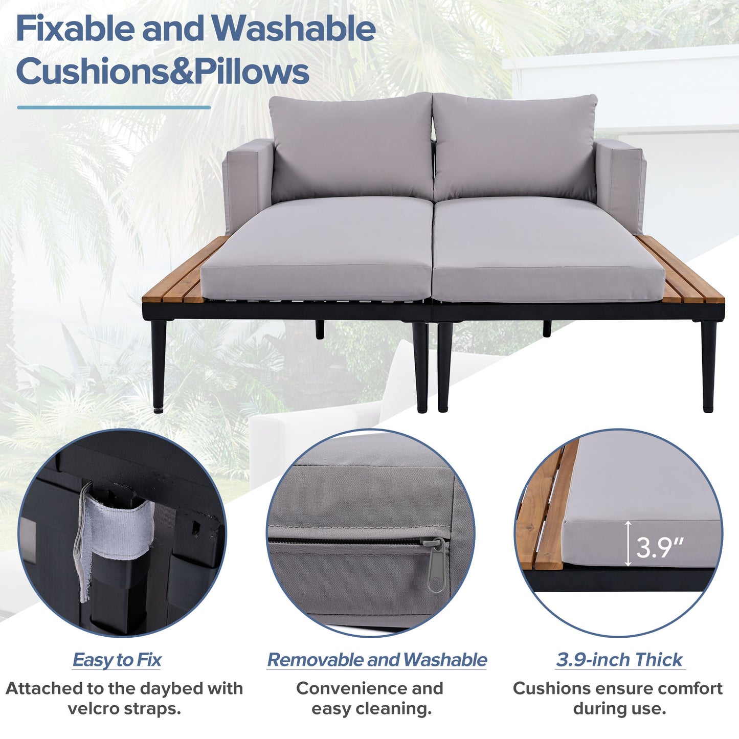 TOPMAx Modern Outdoor Daybed Patio Metal Daybed With Wood Topped Side Spaces For Drinks 2 In 1 Padded Chaise Lounges For Poolside Balcony Deck Gray
