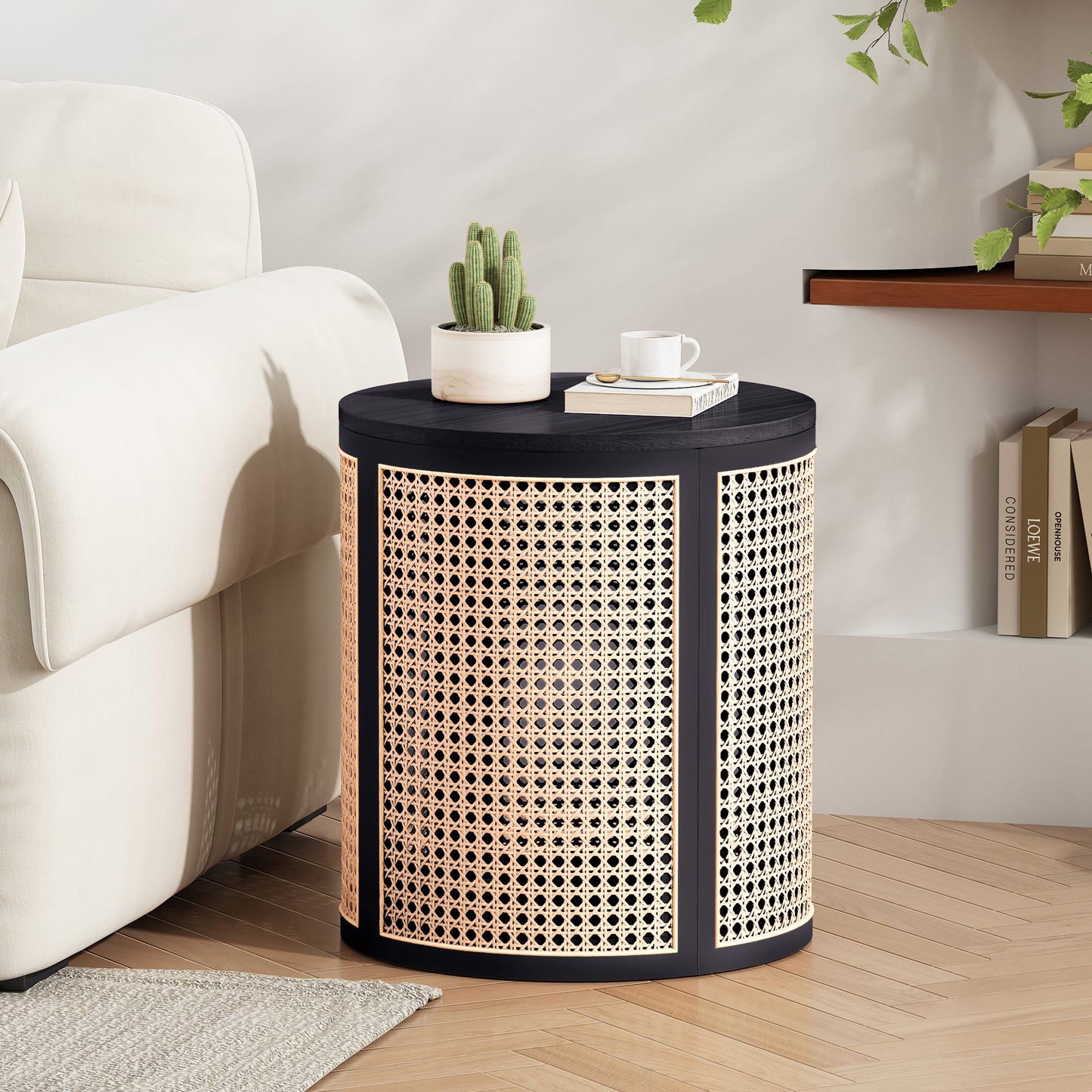 15.70 Round End Table, Hollow Woven Side Table, Small Rubber Wood Nightstand, Rattan Woven Tea Desk, Round Wood Tabletop, Chic Home Decor Desk, Easy Assembly, Black Color