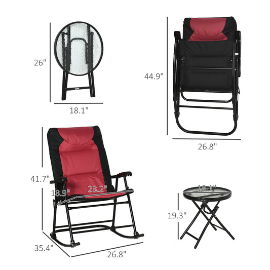 3 Piece Outdoor Patio Furniture Set With Glass Coffee Table & 2 Folding Padded Rocking Chairs, Bistro Style For Porch, Camping, Balcony, Red