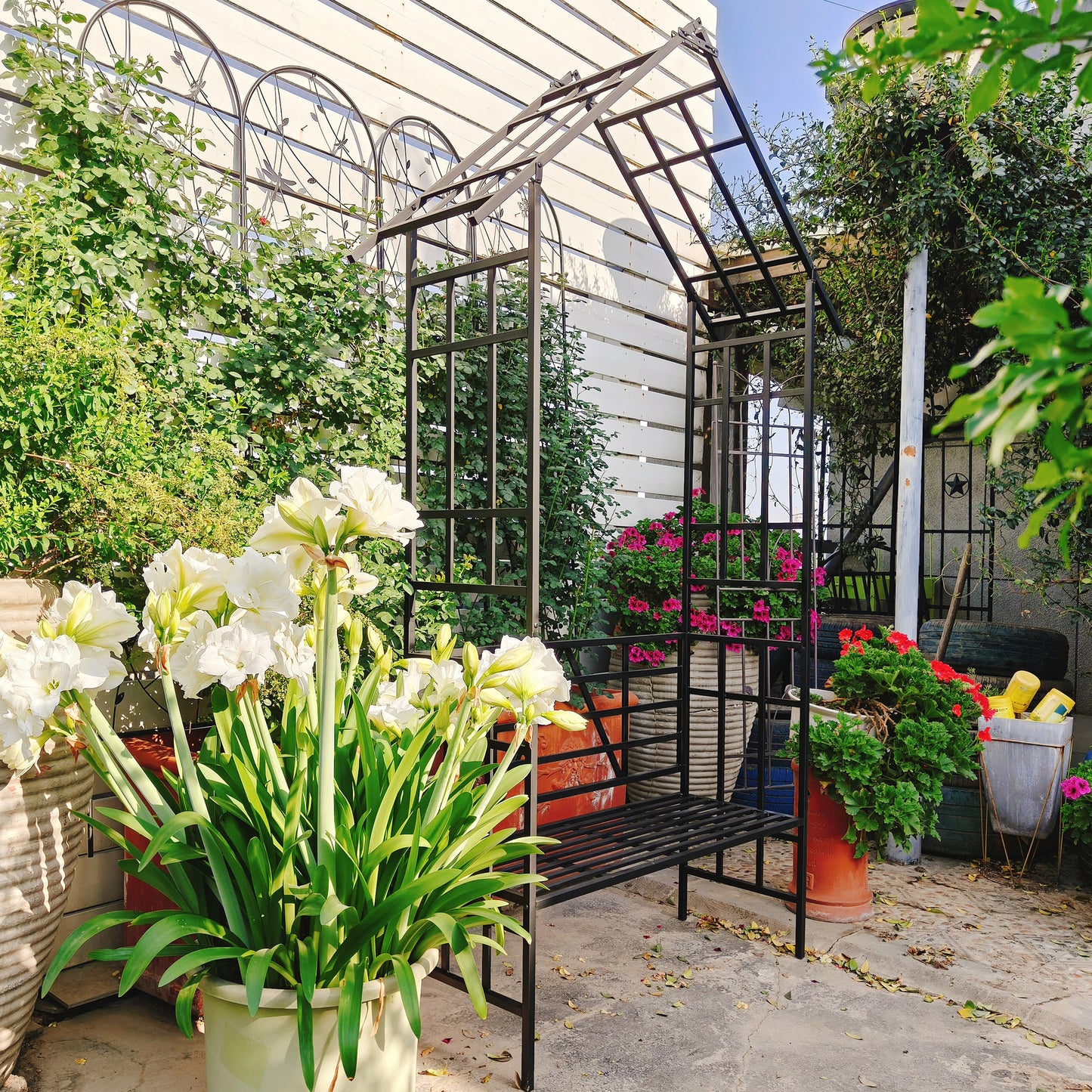 Metal Garden Arch With Bench Turned Into Flower Stand W58.07xH97.24 Climbing Plants Support Rose Arch Outdoor Black