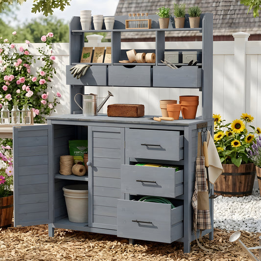 With Assembly Video TOPMAx Farmhouse Patio Potting Bench 44.6 X19.5 Large Freestanding Garden Workstation With 6 Drawers Bottom Cabinet And Side Hook Outdoor Kitchen Island Gray