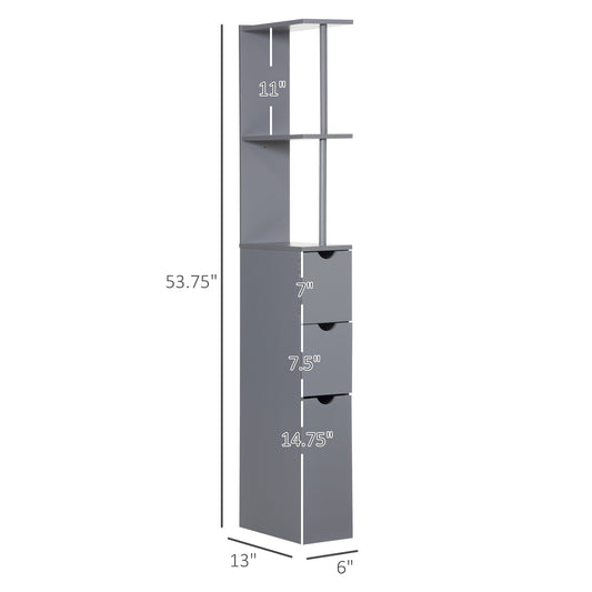 54" Tall Bathroom Storage Cabinet, Freestanding Linen Tower With 2-Tier Shelf And Drawers, Narrow Side Floor Organizer, Grey