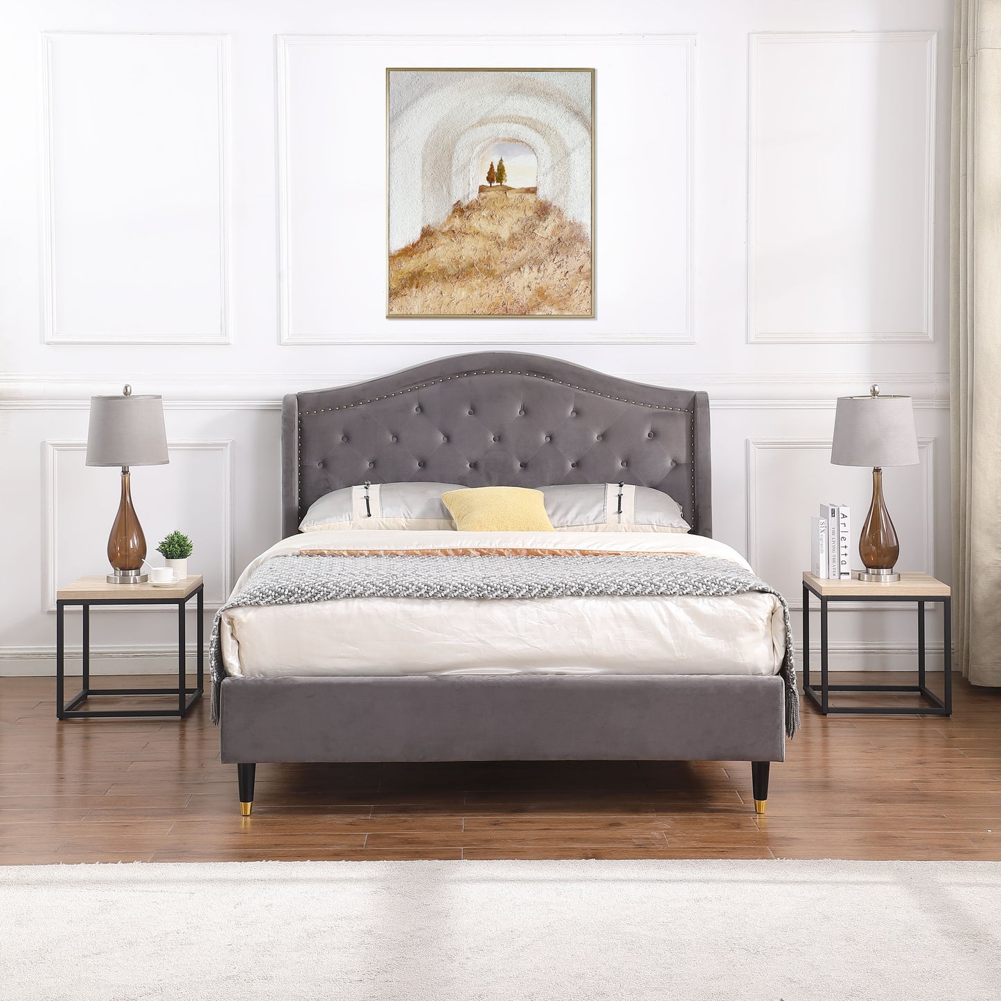 End Table Side Table,Set Of 2 End Table,Rectangular Wood And Metal Nightstand,CoffeeTable,Storage Small End Table, For Living Room Bedroom,Natural Oak