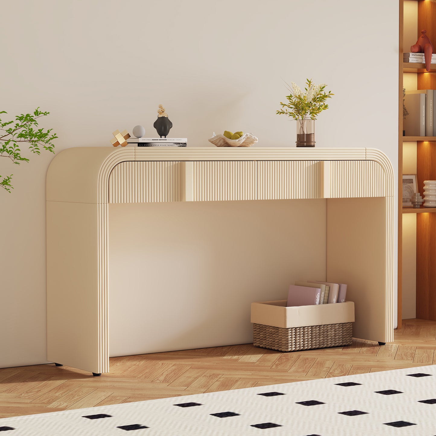 TREXM Modern Console Table With 2 Storage Drawers Fluted Entryway Table With Rounded Silhouette For Hallway Living Room And Entryway Apricot Cream
