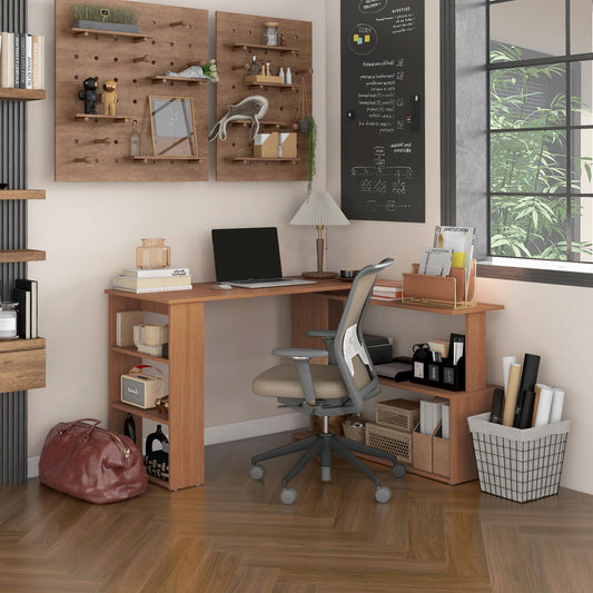 360° Rotating Home Office Desk L Shaped Corner Computer Desk With Storage Shelves, Writing Table Workstation, Teak