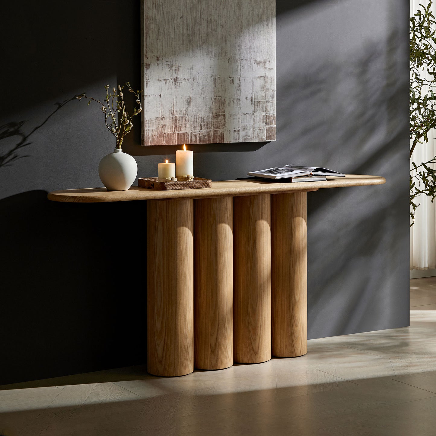 66.93 Modern Console Table For Entryway With Unique Cylinders Legs Design For Living Room Hallway Foyer Entrance Study,NATURAL