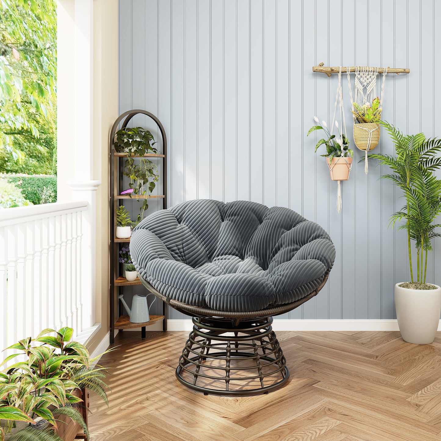 Comfortable Ergonomic Wicker Papasan Chair, 360 Swivel Indoor Outdoor Rattan Chair With Soft Thick Cushion, Ideal For Living Room, Bedroom, Reading Room, Brown Frame With Grey Cushion