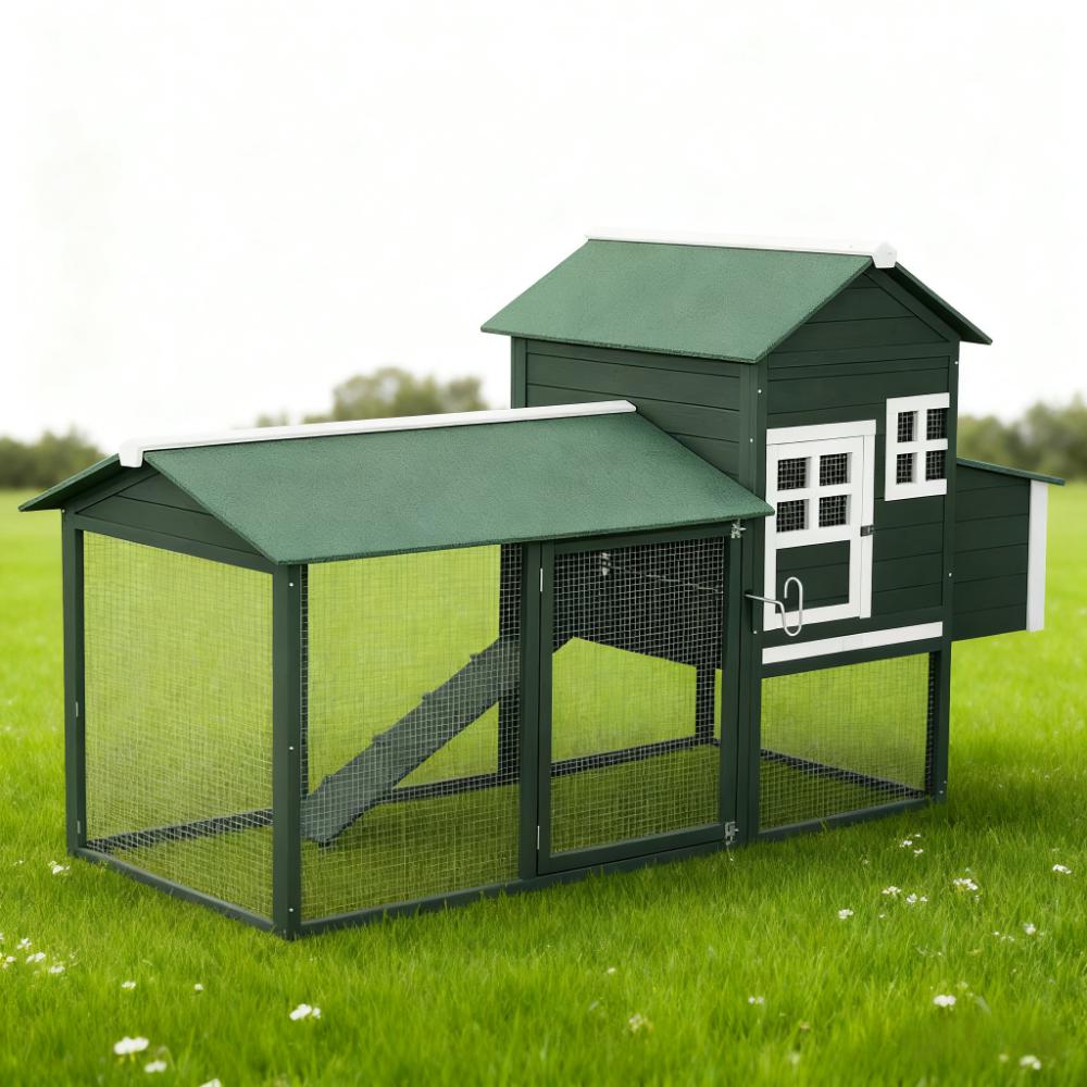 Chicken Coop Hen House Outdoor With Run Nesting Box, Asphalt Roof, Removable Tray Wooden