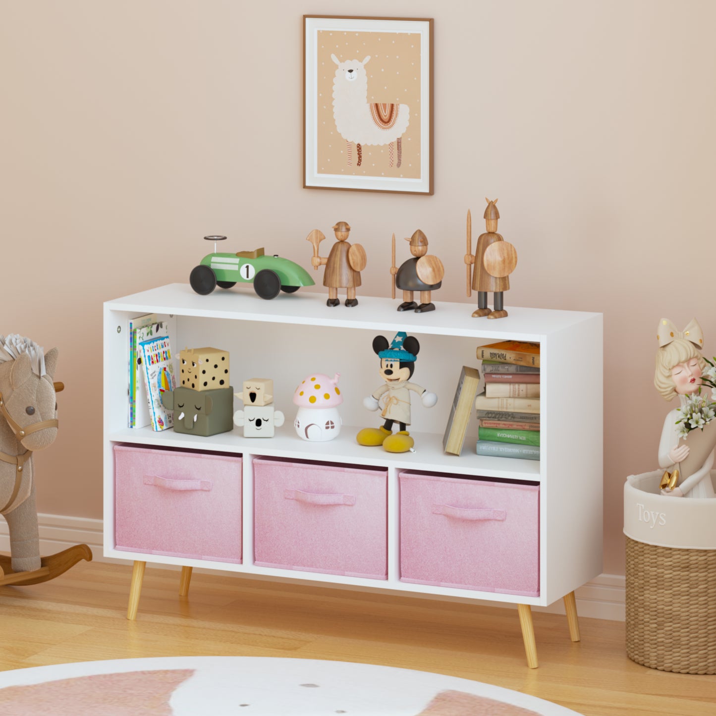 Kids Bookcase With Collapsible Fabric Drawers, Children's Book Display, Toy Storage Cabinet Organizer, White Pink