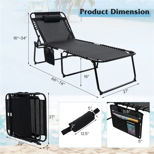Oversized Patio Chaise Lounge, 27 Wide 4-Position Adjustable Backrest Folding Tanning Chair-Black
