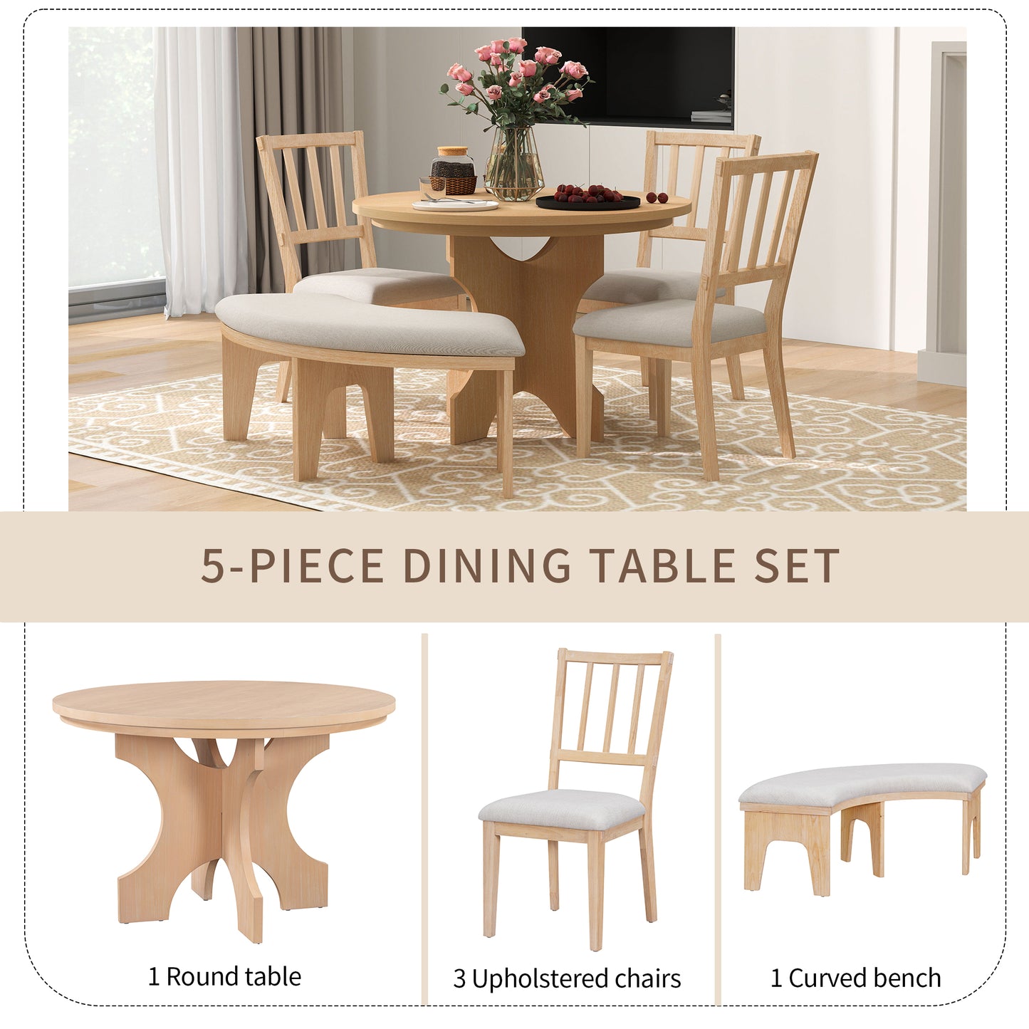 TREXM 5-piece Rustic Charm Round Dining Set With 3 Upholstered Chairs And Curved Bench For Dining Room Kitchen And Living Room Natural