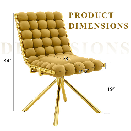 Set Of 2 Yellow Puffy Bubble Chair Ball Chain Chair Velvet Dining Chairs With Gold Legs, Modern Tufted Accent Chairs For Dining Room & Kitchen