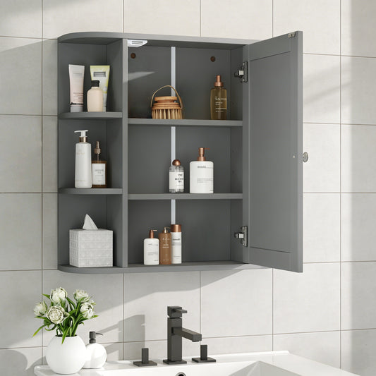 Bathroom Wall Storage Cabinet With Mirror, Medicine Cabinet With Adjustable Wood Shelf & Doors, Mounted Storage Cabinets With 6 Open Shelves, Gray