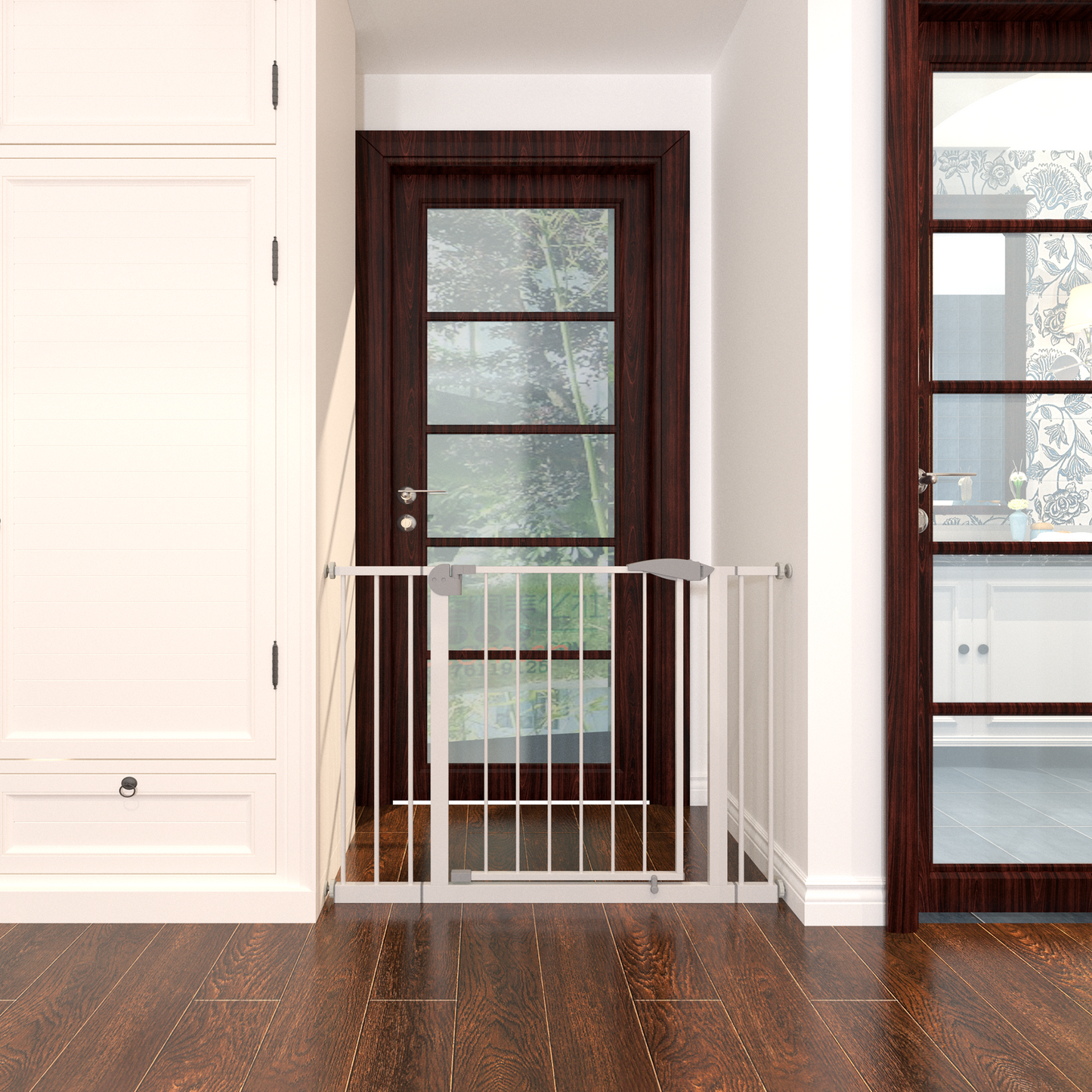 29.5-45.3 Wide Baby Gate For Stairs, Dog Gate Indoor For Doorways, No Drilling Pressure Mounted Pet Gates For Kids, Easy Walk Through Safety Gate, White