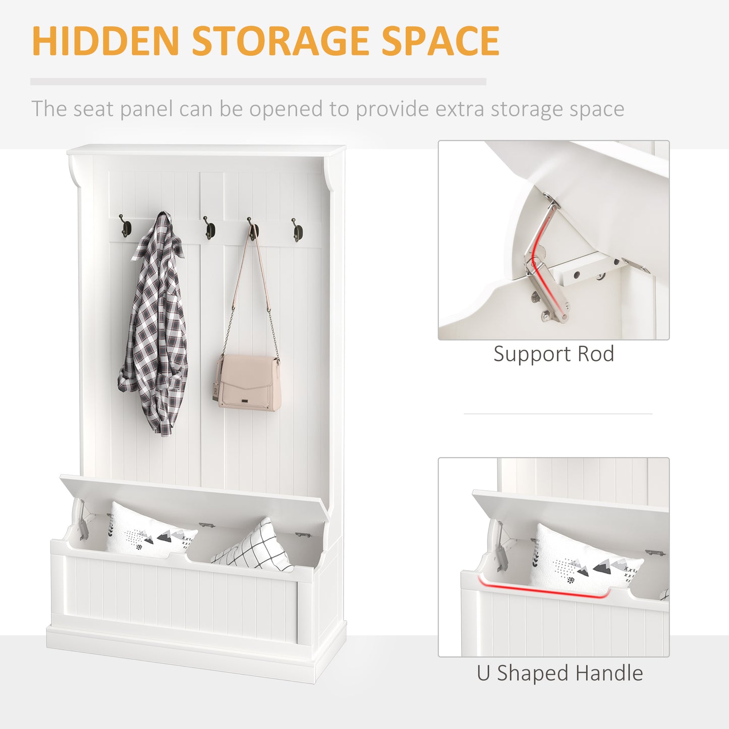 3-In-1 Entryway Bench With Coat Rack, Hall Tree With Bench And Shoe Storage, 5 Hooks For Hallway Cream White