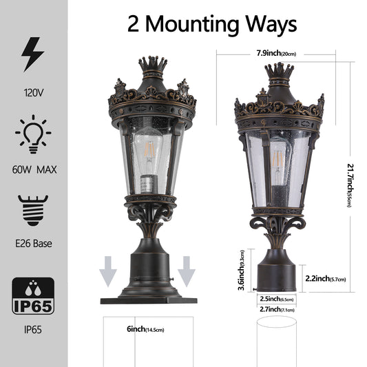 22 H Vintage Crown Outdoor Post Lantern, Waterproof Decorative Table Lamp With Clear Glass Shade And Antique Metal Base For Garden, Patio, Porch, Pathway Lighting One Piece&No Bulb